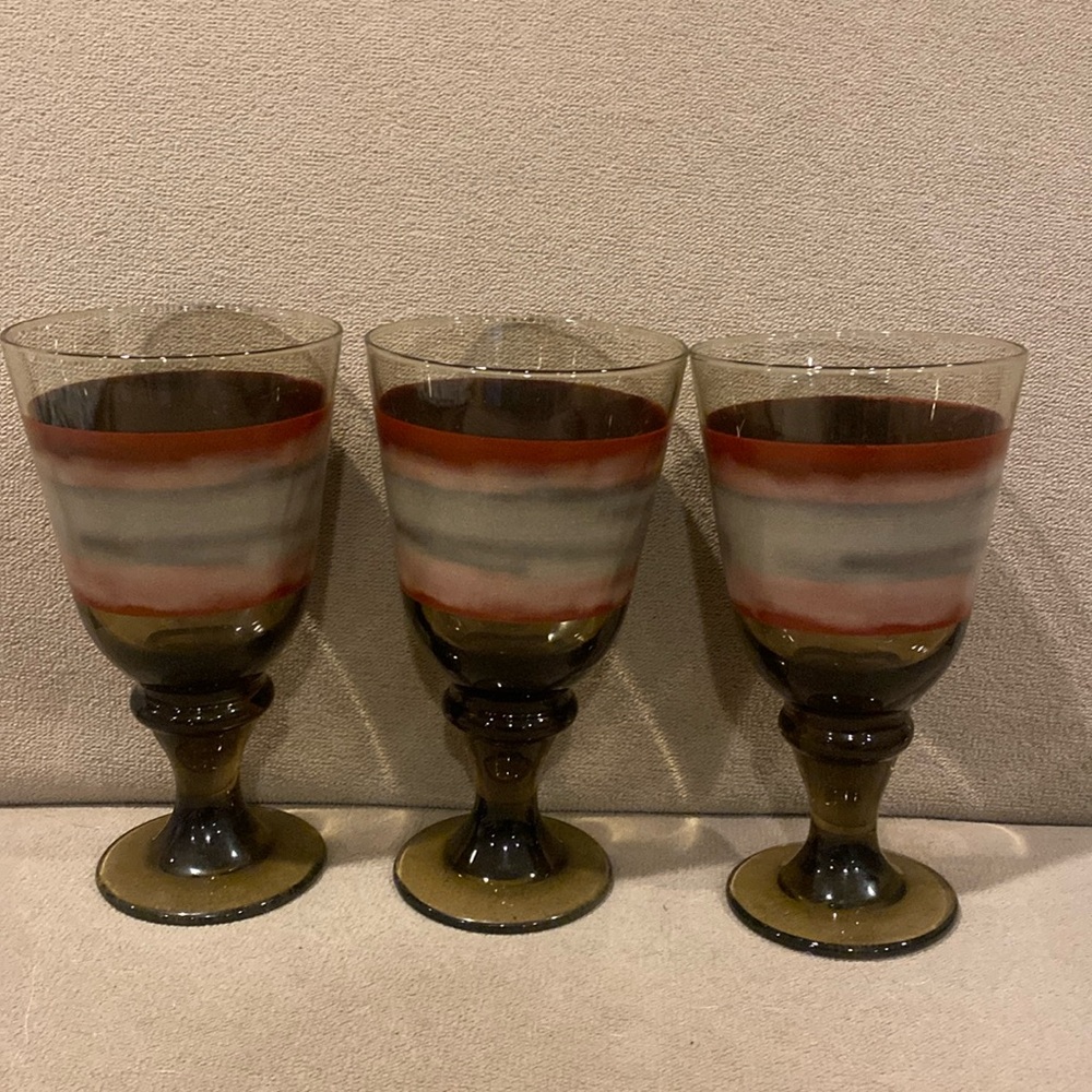 Setof 3 Libbey Nova Brown Goblets Glasses Stem Brown Gray Rusted 7" great cond.